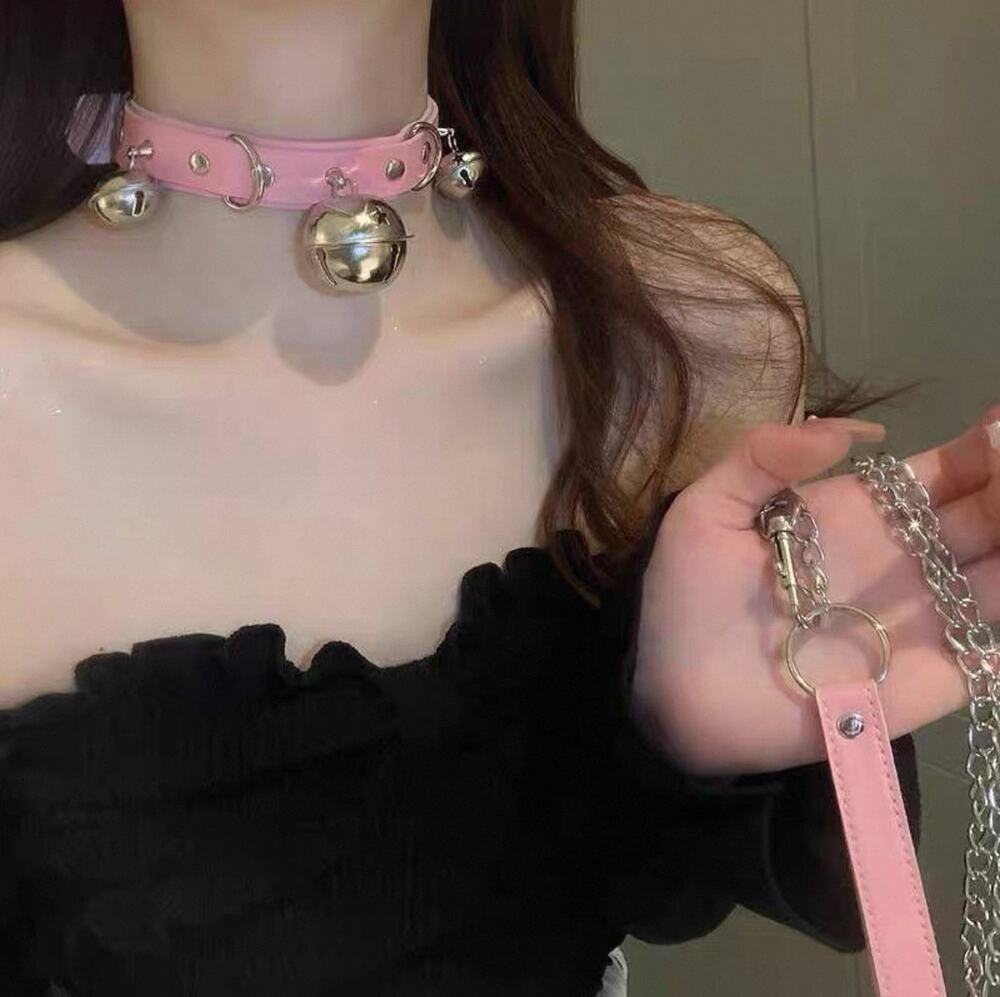 Punk Goth Pink PU Leather Choker Collar with Bells and Leash Set